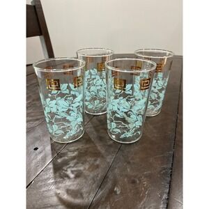 Anchor Hocking Glasses‎ Pale Blue Hibiscus Floral Gold Greek Key Pattern Tumbler